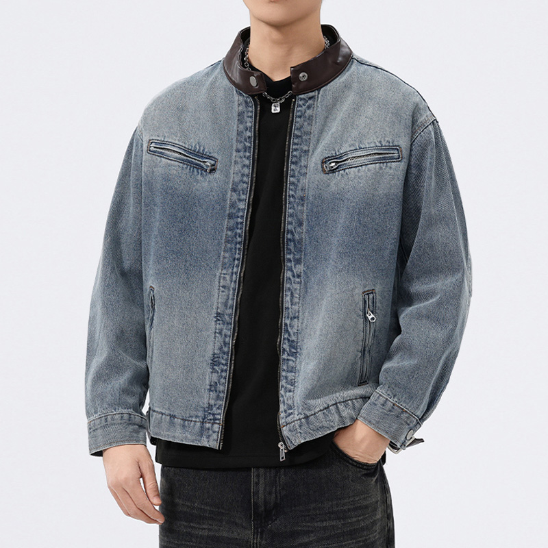 Stand Leather Collar Denim Jac - Leather Work Jacket 评论和价格