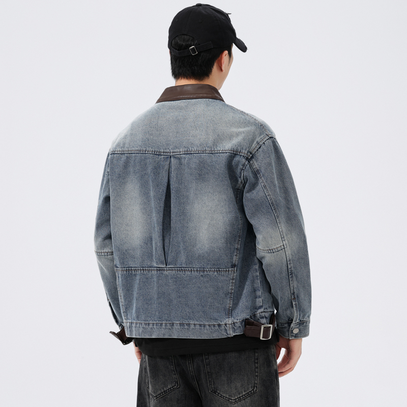 Stand Leather Collar Denim Jac - Leather Work Jacket 评论和价格