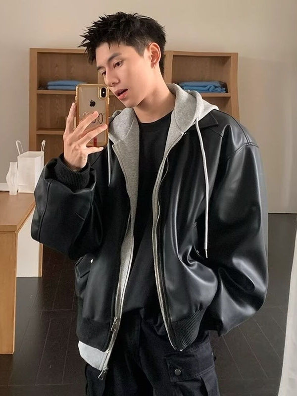 Men's Hooded PU Leather Jacket - Leather Work Jacket 评论和价格