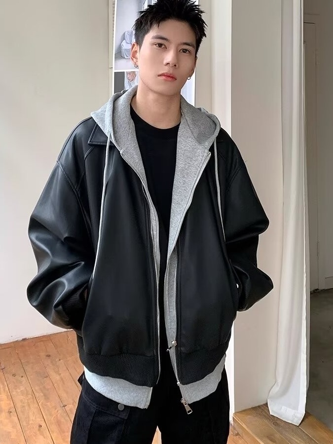 Men's Hooded PU Leather Jacket - Leather Work Jacket 评论和价格