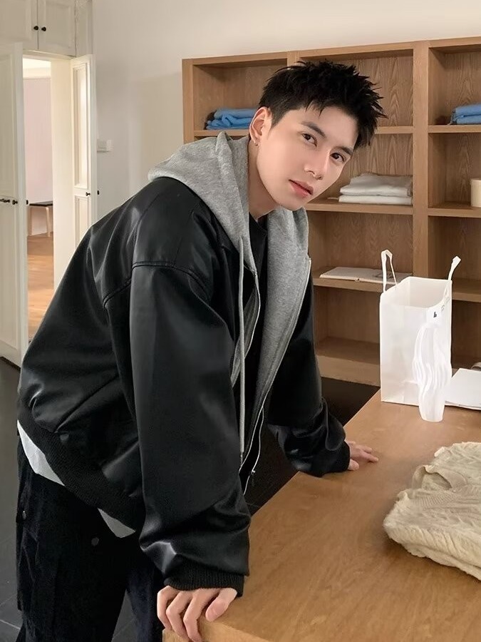 Men's Hooded PU Leather Jacket - Leather Work Jacket 评论和价格